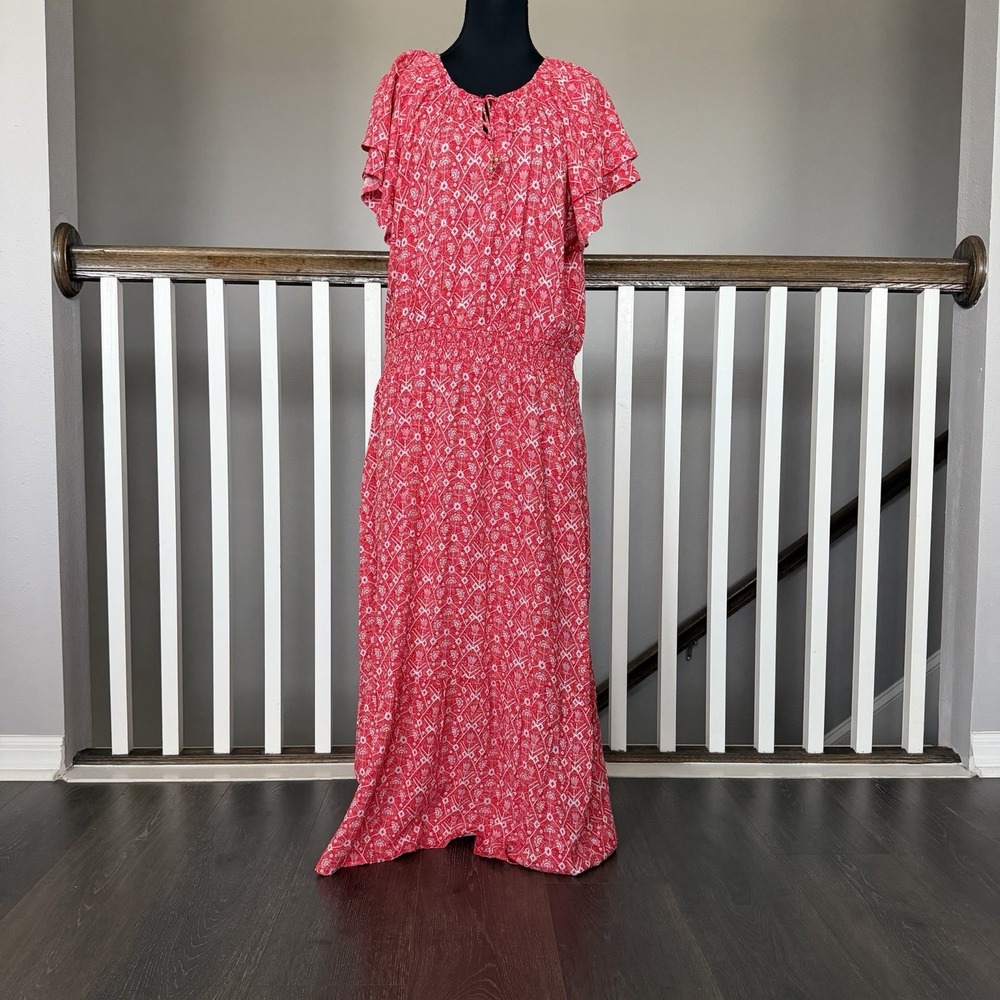 Destination 365 Flutter Sleeve Smocked Maxi Dress Sz L Boho Coastal Resort‎